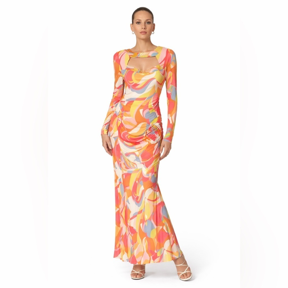 Boston Proper sequin cutout neckline ruched maxi dress abstract pattern. size M